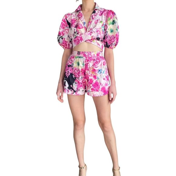 ROCOCO SAND Tessa Pink Floral Cotton Puff Sleeve Wrap Top Shorts Set, Size S - Picture 4 of 16